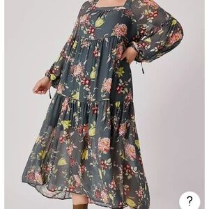 ANTHROPOLOGIE Evelin Gray Floral Square Neck Chiffon Boho Maxi Dress Size S